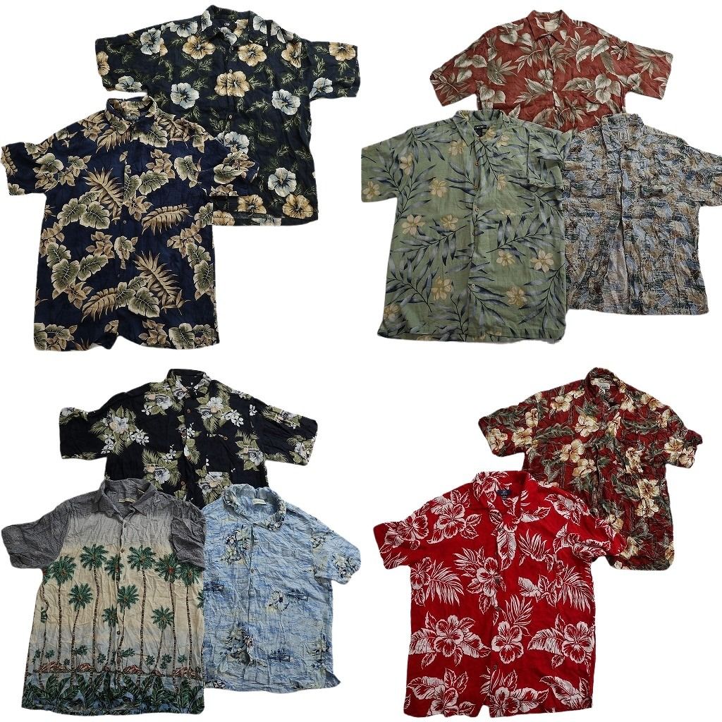 古着卸 まとめ売り 素材MIX アロハシャツ 10枚セット ( メンズ L ) ハイビスカス ヤシの木 リーフモチーフ 開襟 中古 古着 NE7130