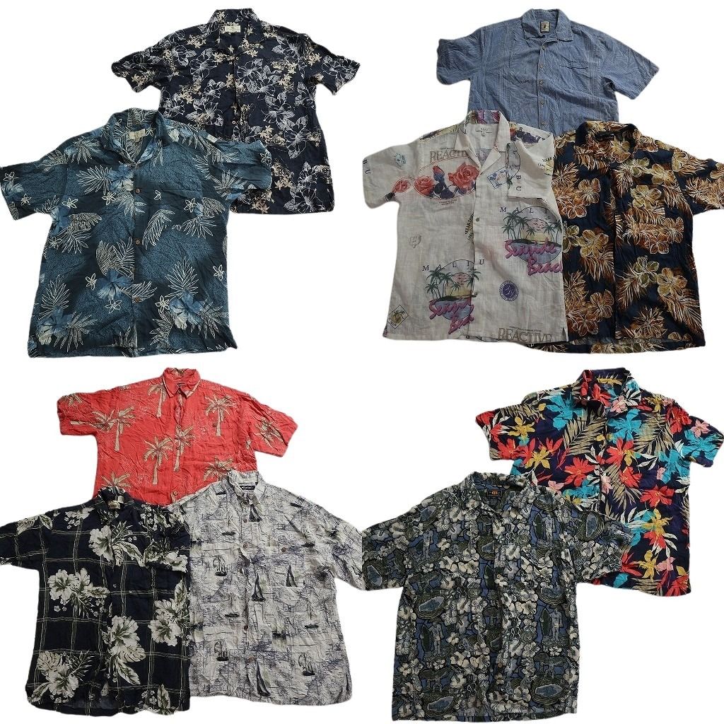 古着卸 まとめ売り 素材MIX アロハシャツ 10枚セット ( メンズ L ) リーフモチーフ ヤシの木 ハイビスカス 開襟 中古 古着 NE7132