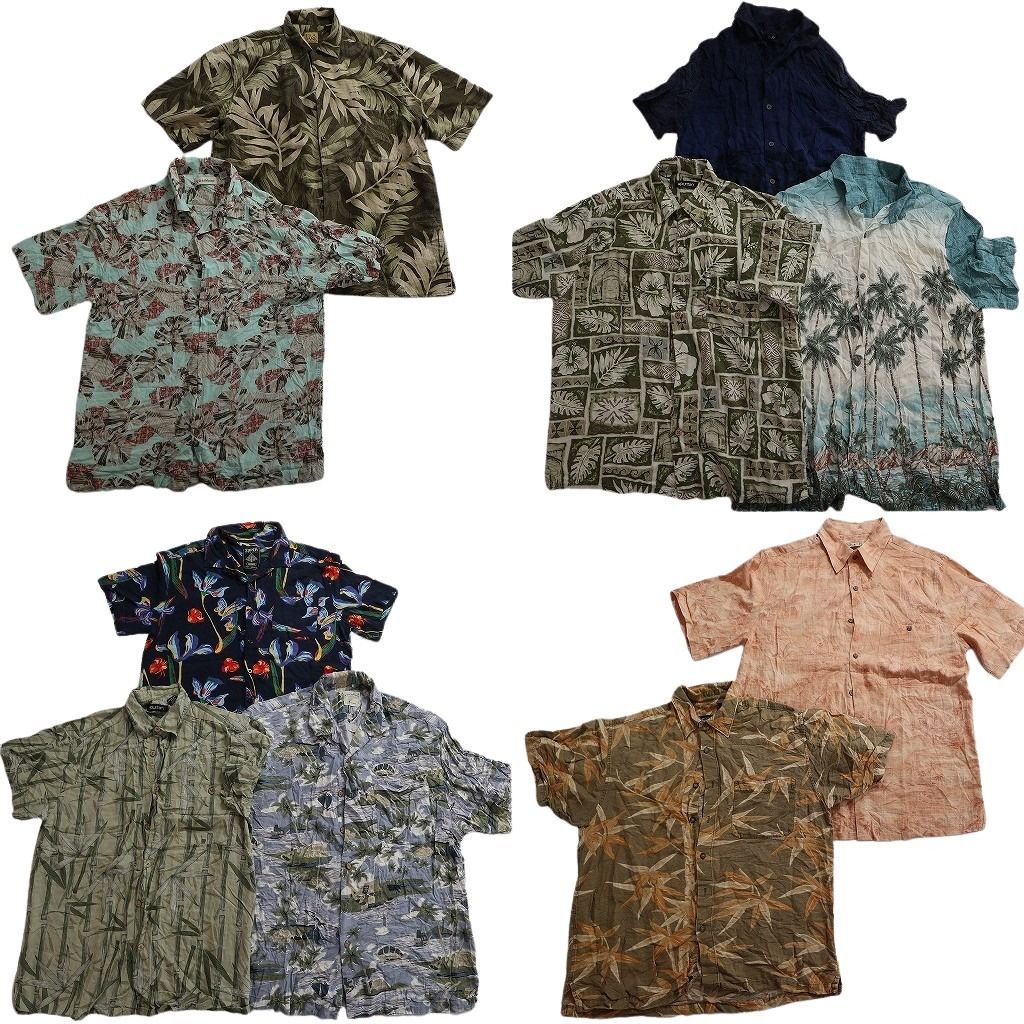 古着卸 まとめ売り 素材MIX アロハシャツ 10枚セット ( メンズ M ) リーフモチーフ ヤシの木 開襟 ボックスカット 中古 古着 NE7133
