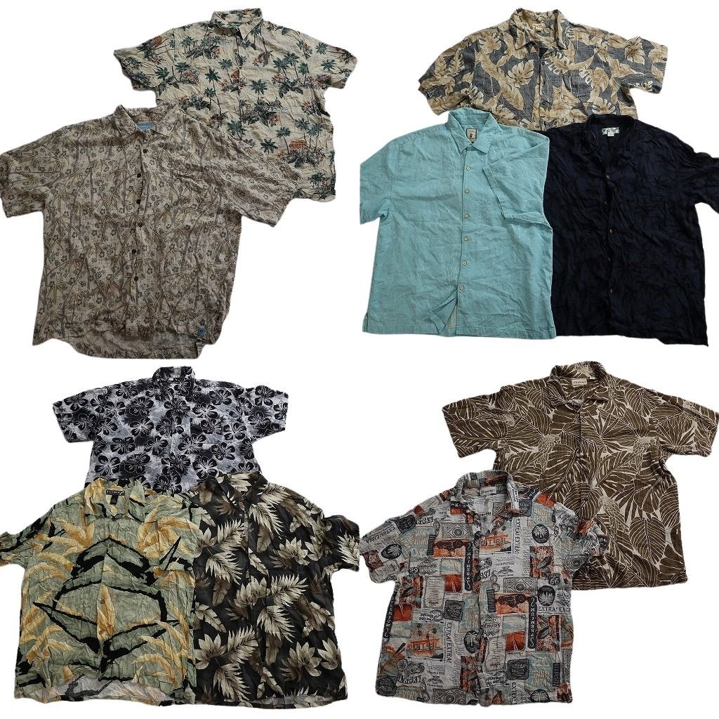 古着卸 まとめ売り 素材MIX アロハシャツ 10枚セット ( メンズ 2XL ) ヤシの木 リーフモチーフ 開襟 ボックスカット 中古 古着 NE7134