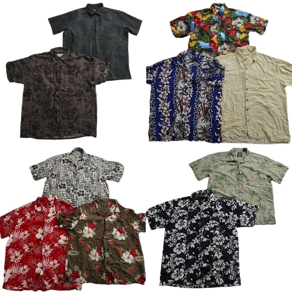 古着卸 まとめ売り 素材MIX アロハシャツ 10枚セット ( メンズ XL ) リーフモチーフ ハイビスカス ヤシの木 開襟 中古 古着 NE7135