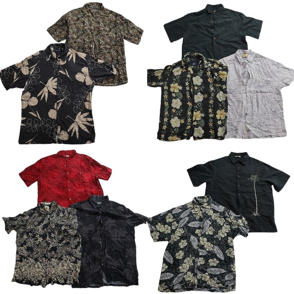 古着卸 まとめ売り 素材MIX アロハシャツ 10枚セット ( メンズ L ) リーフモチーフ ヤシの木 ボックスカット 開襟 中古 古着 NE7137