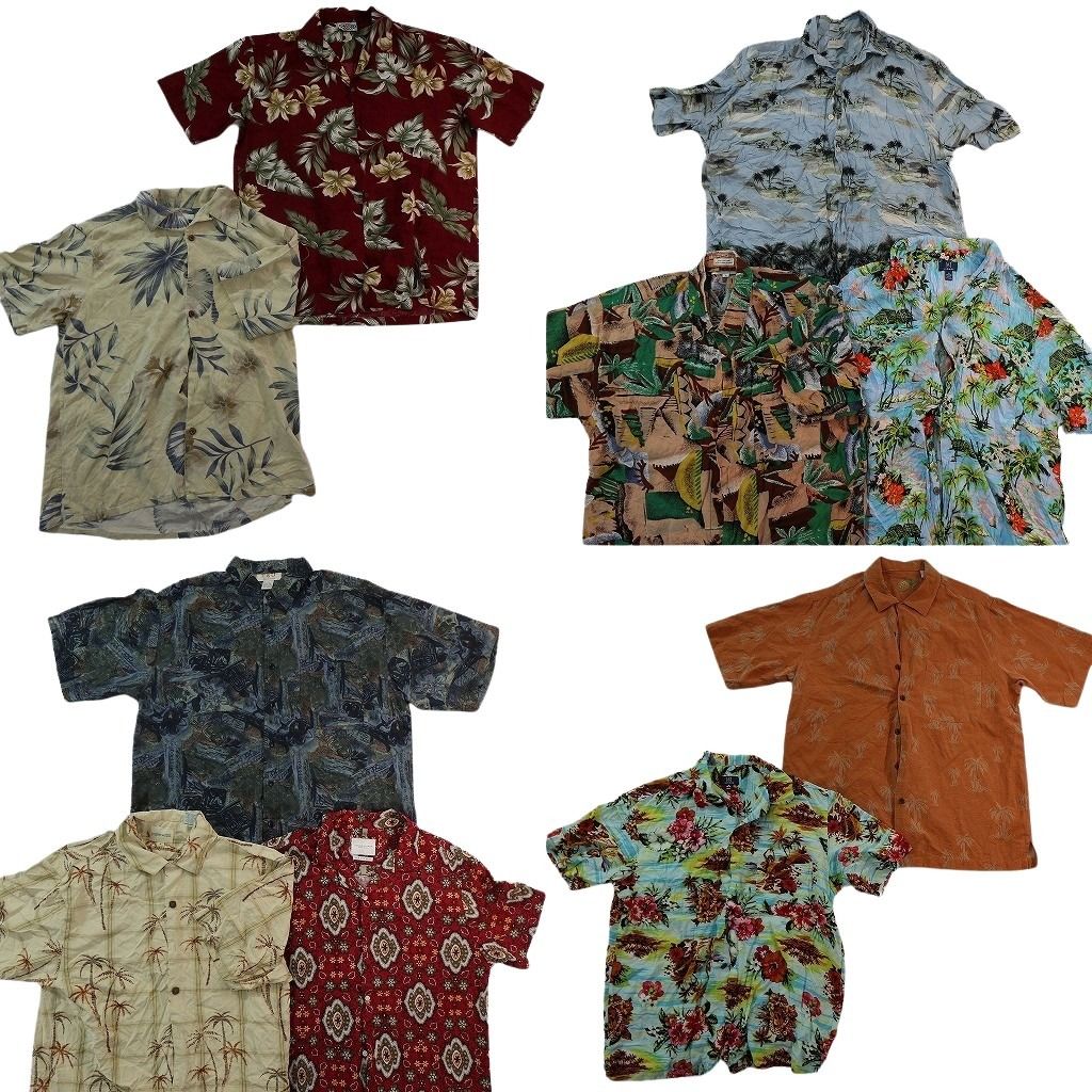 古着卸 まとめ売り 素材MIX アロハシャツ 10枚セット ( メンズ M ) ハイビスカス リーフモチーフ ヤシの木 開襟 中古 古着 NE7141 の商品写真