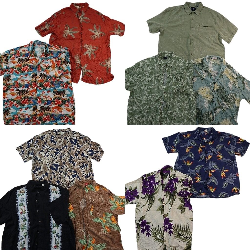 古着卸 まとめ売り 素材MIX アロハシャツ 10枚セット ( メンズ 2XL ) リーフモチーフ ヤシの木 開襟 中古 古着 NE7143