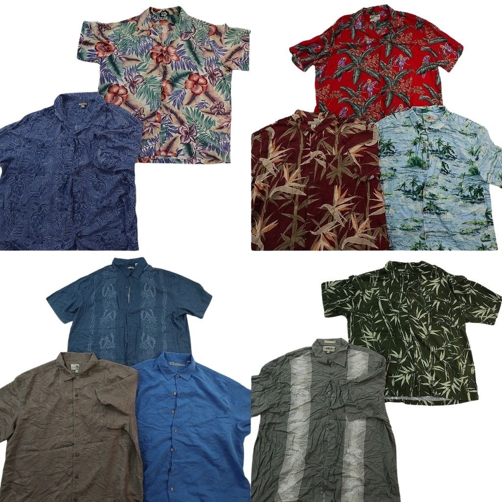 古着卸 まとめ売り 素材MIX アロハシャツ 10枚セット ( メンズ 2XL ) ハイビスカス ヤシの木 リーフモチーフ 中古 古着 NE7144