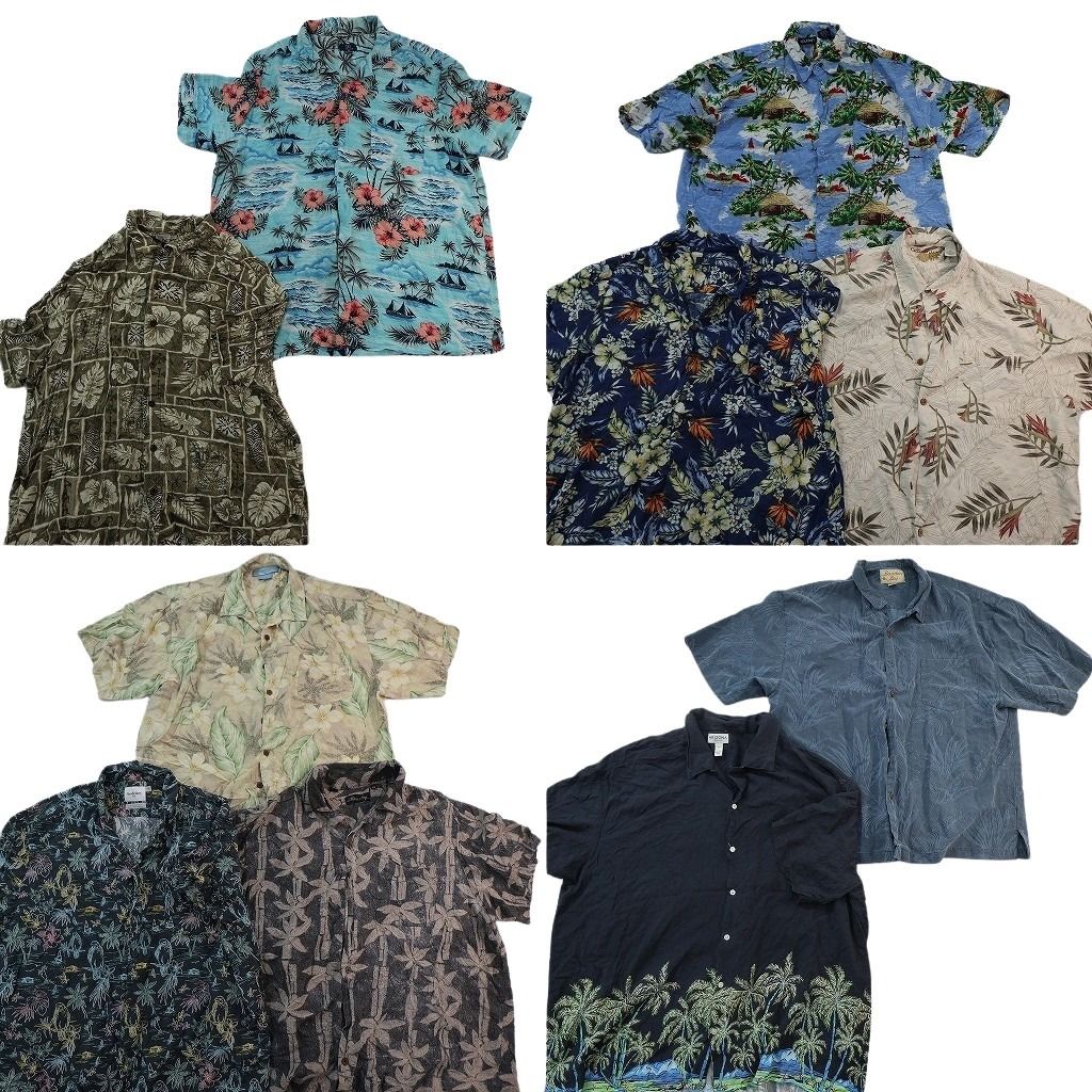 古着卸 まとめ売り 素材MIX アロハシャツ 10枚セット ( メンズ 2XL ) ハイビスカス ヤシの木 リーフモチーフ 開襟 中古 古着 NE7145 の商品写真