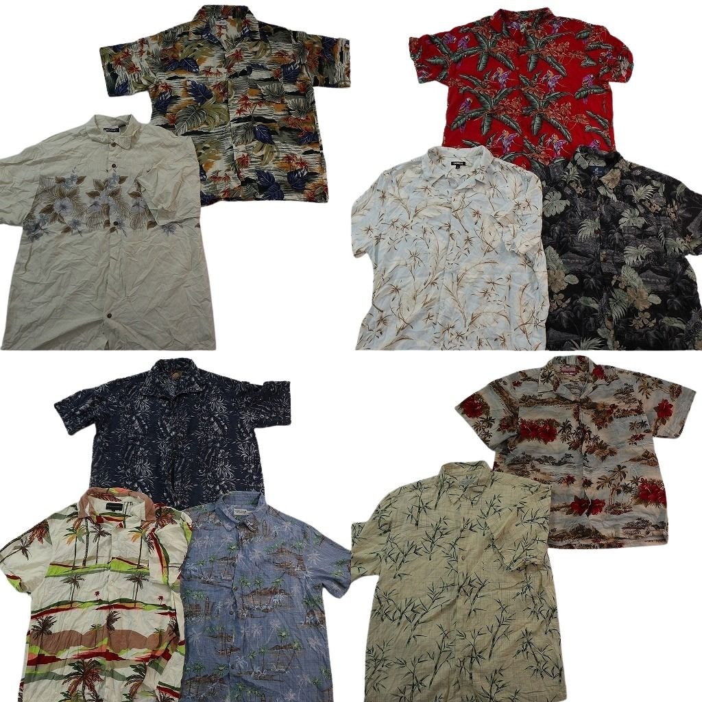 古着卸 まとめ売り 素材MIX アロハシャツ 10枚セット ( メンズ XL ) リーフモチーフ ハイビスカス ヤシの木 中古 古着 NE7147