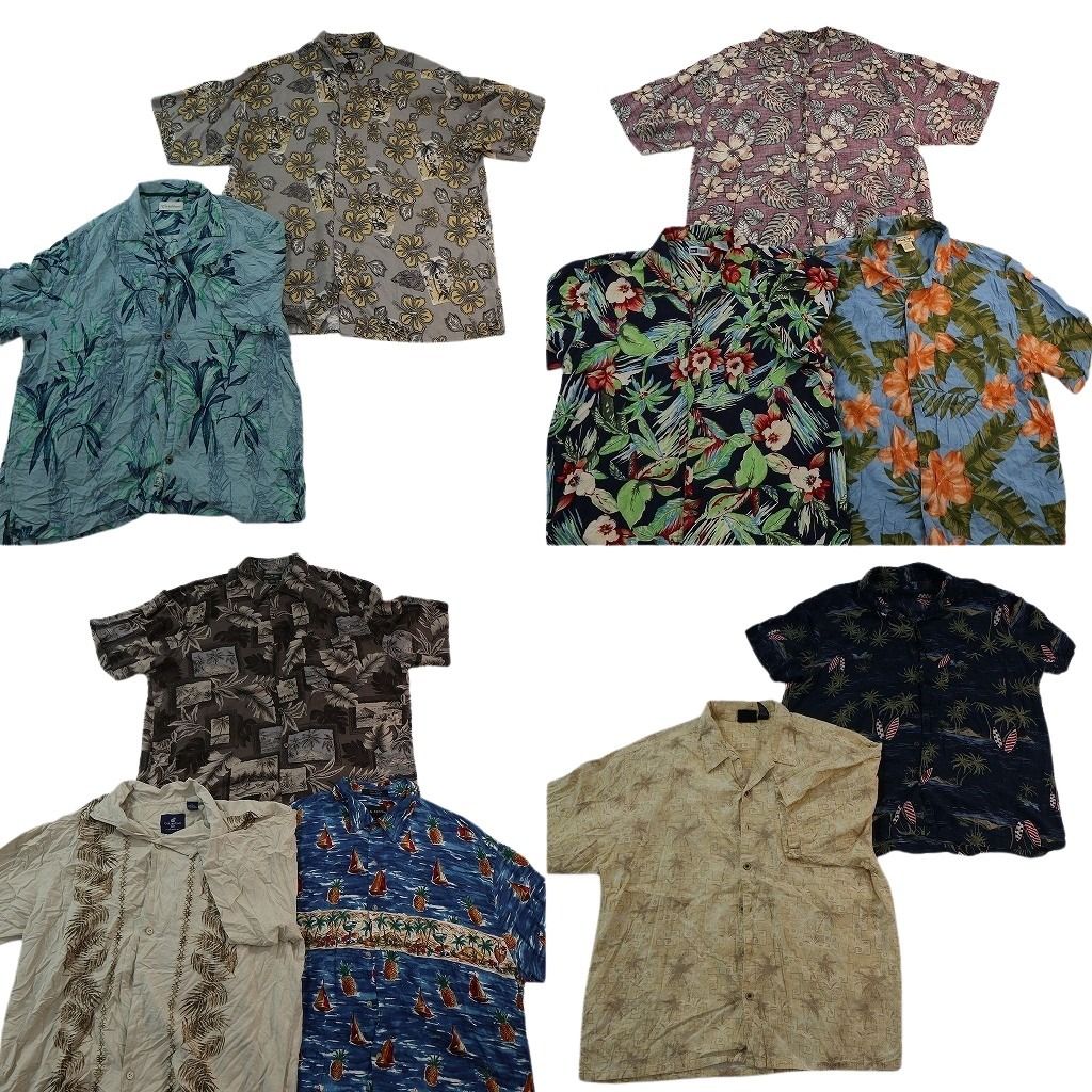 古着卸 まとめ売り 素材MIX アロハシャツ 10枚セット ( メンズ XL ) 開襟 リーフモチーフ ヤシの木 ボックスカット 中古 古着 NE7152