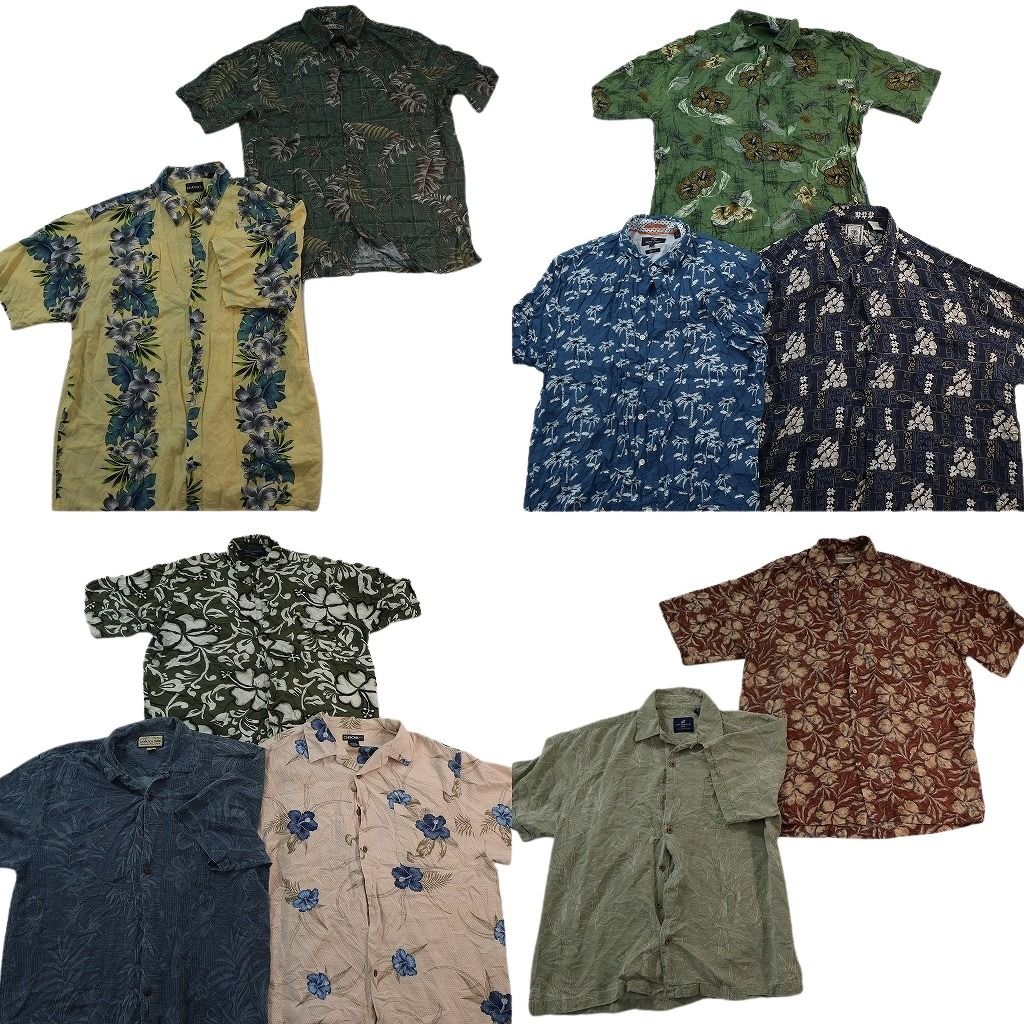 古着卸 まとめ売り 素材MIX アロハシャツ 10枚セット ( メンズ L ) ハイビスカス ヤシの木 リーフモチーフ 中古 古着 NE7156
