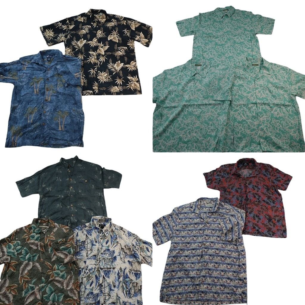 古着卸 まとめ売り 素材MIX アロハシャツ 10枚セット ( メンズ L ) ヤシの木 リーフモチーフ 開襟 ボックスカット 中古 古着 NE7157