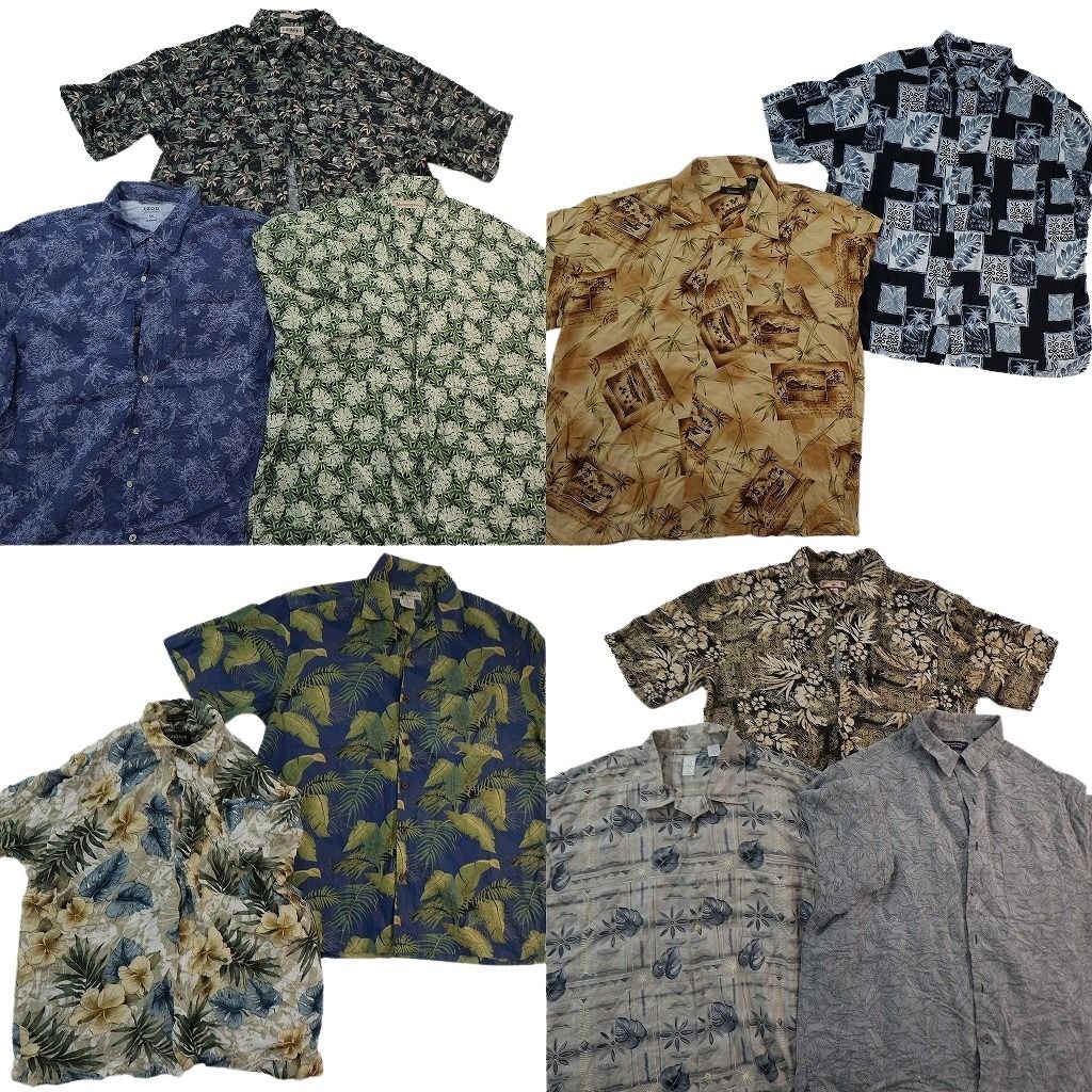 古着卸 まとめ売り 素材MIX アロハシャツ 10枚セット ( メンズ 2XL ) ヤシの木 リーフモチーフ ハイビスカス 中古 古着 NE7161