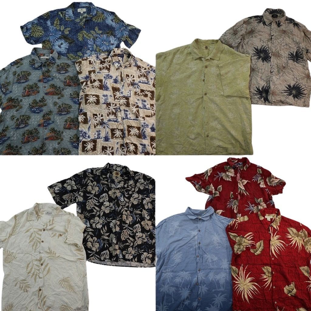 古着卸 まとめ売り 素材MIX アロハシャツ 10枚セット ( メンズ XL ) ヤシの木 リーフモチーフ ハイビスカス 中古 古着 NE7162