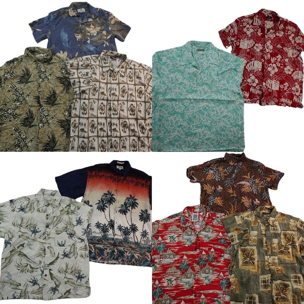 古着卸 まとめ売り 素材MIX アロハシャツ 10枚セット ( メンズ L ) ヤシの木 リーフモチーフ 開襟 ボックスカット 中古 古着 NE7165