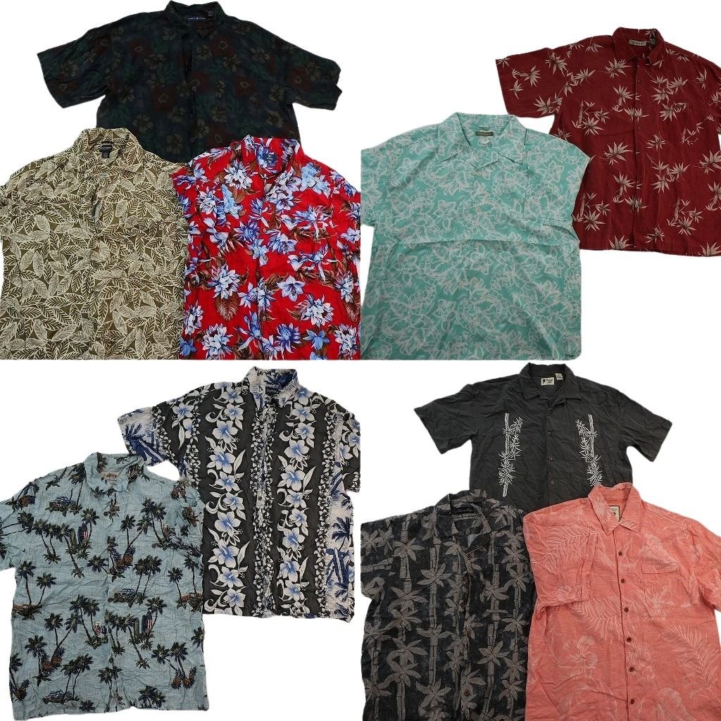 古着卸 まとめ売り 素材MIX アロハシャツ 10枚セット ( メンズ L ) ハイビスカス ヤシの木 リーフモチーフ 開襟 中古 古着 NE7166