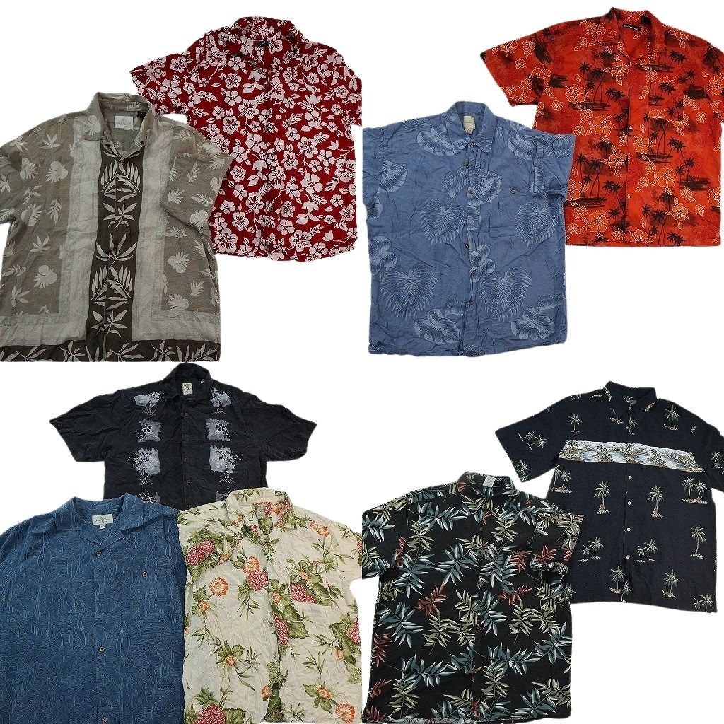 古着卸 まとめ売り 素材MIX アロハシャツ 9枚セット ( メンズ L ) ヤシの木 ハイビスカス リーフモチーフ 開襟 中古 古着 NE7171