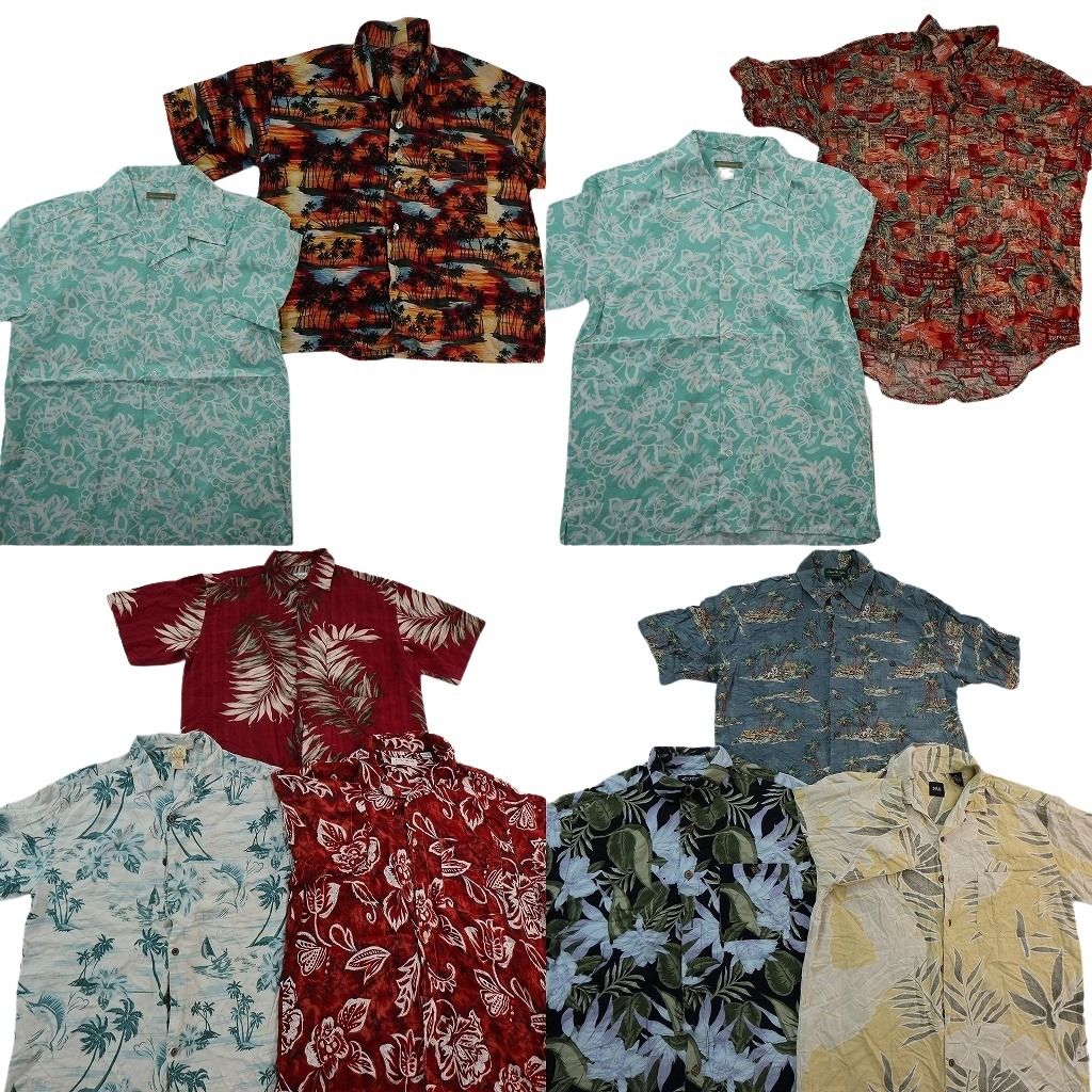 古着卸 まとめ売り 素材MIX アロハシャツ 10枚セット ( メンズ M ) ヤシの木 リーフモチーフ 開襟 ボックスカット 中古 古着 NE7172