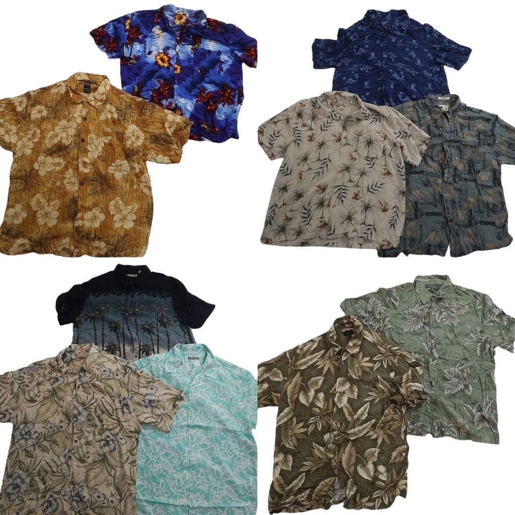 古着卸 まとめ売り 素材MIX アロハシャツ 10枚セット ( メンズ XL ) ハイビスカス ヤシの木 リーフモチーフ 開襟 中古 古着 NE7181