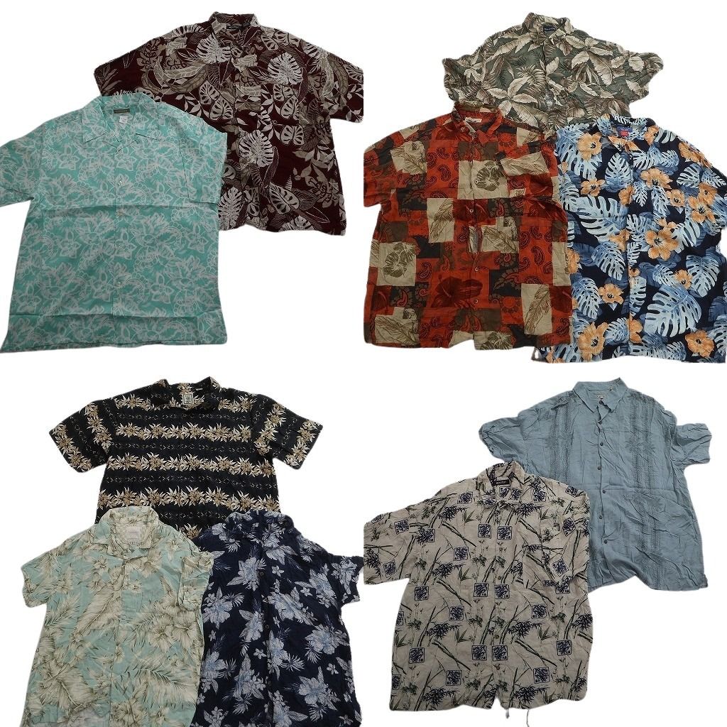 古着卸 まとめ売り 素材MIX アロハシャツ 10枚セット ( メンズ XL ) ハイビスカス リーフモチーフ オープンカラー 中古 古着 NE7192