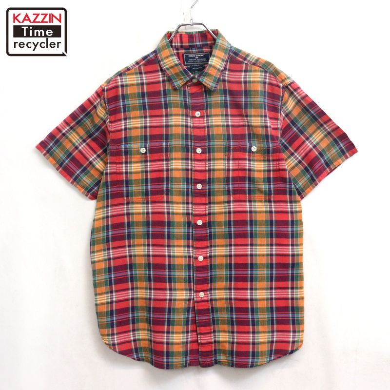 90s vintage RALPH LAUREN チェック柄 POLO SPORT インド綿 半袖シャツ メンズ 表記XLサイズ
