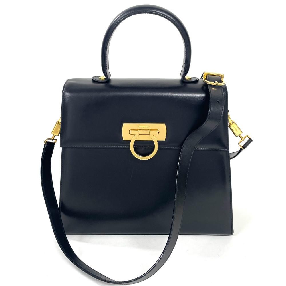 フェラガモ Ferragamo ガンチーニ ハンドバッグ 2WAY レザー ブラック【中古】