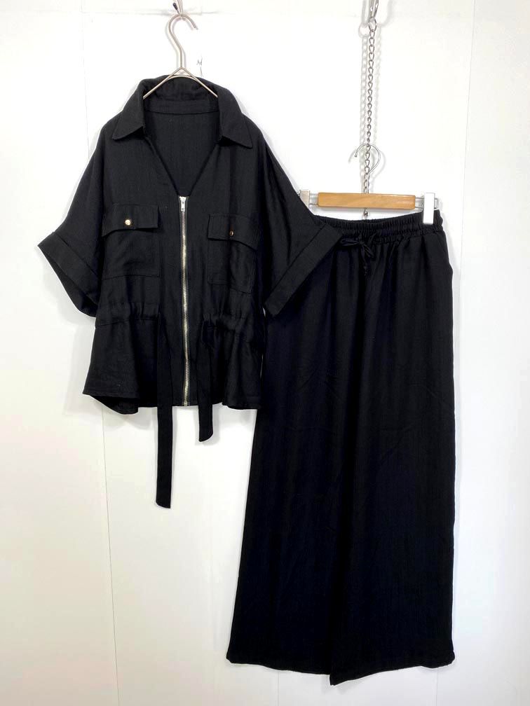 ANDREA & Co. アンドレア アンド コー 半袖 ジップアップ イージーパンツ セットアップ sizeF/黒 ■◆◎レディース