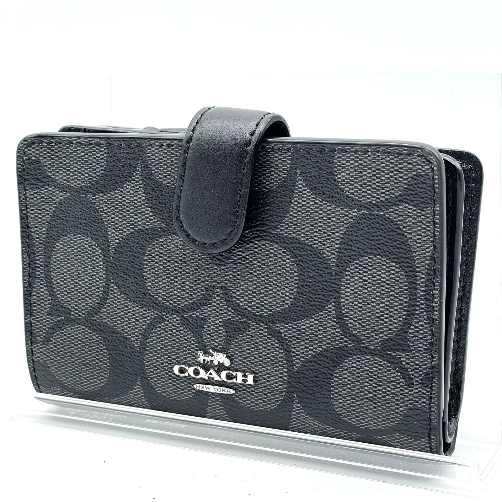コーチ COACH 二つ折り財布 グレー ブラック PVC L字ファスナー 