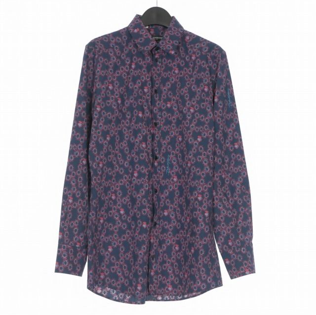 ドルチェ&ガッバーナ ドルガバ DOLCE&GABBANA イタリア製 フラワープリント ロングスリーブシャツ 長袖 38 ネイビー 紺 G5EJ1T/FS56E-G 国内正規
