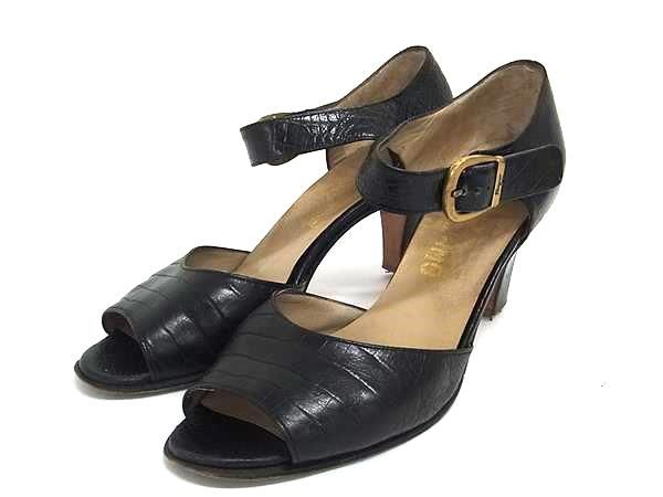 Salvatore Ferragamo フェラガモ クロコダイル型押しレザー オープントゥ ヒール パンプス サイズ7 (約24cm) 靴 シューズ DN0095