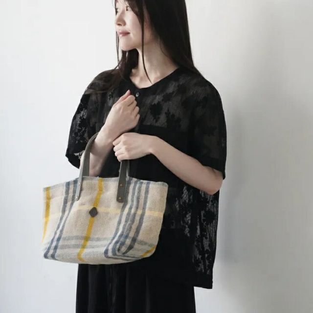 CLEDRAN (クレドラン) | HAND & WORK COTTON JUTE STRIPE TOTE S (beige plaid x gray) | トートバッグ