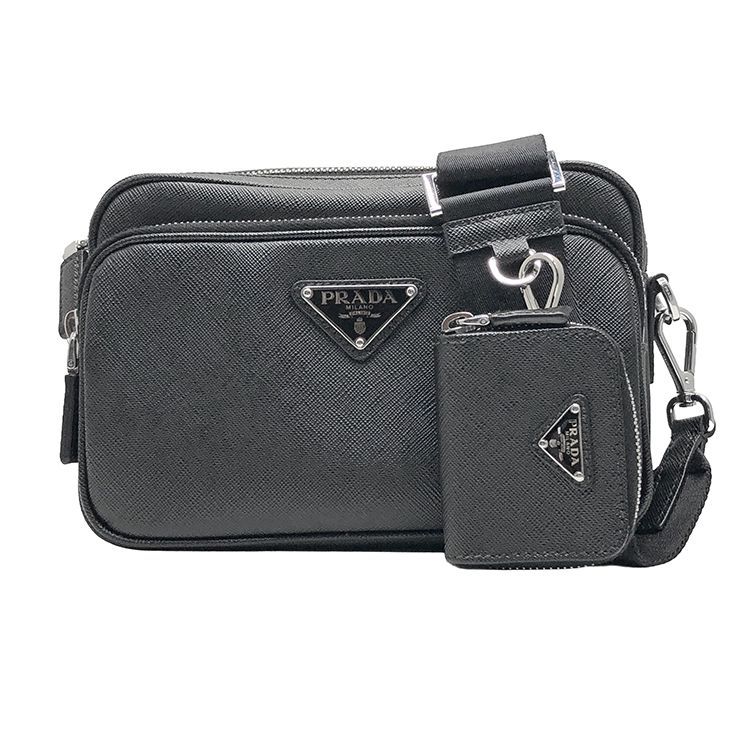 PRADA プラダ サフィアーノ トライアングルロゴ ショルダーバッグ 2VH170_9Z2_F0002_V_OOO ナイロンテープ エナメルメタル レザー ブラック メンズ シルバー金具