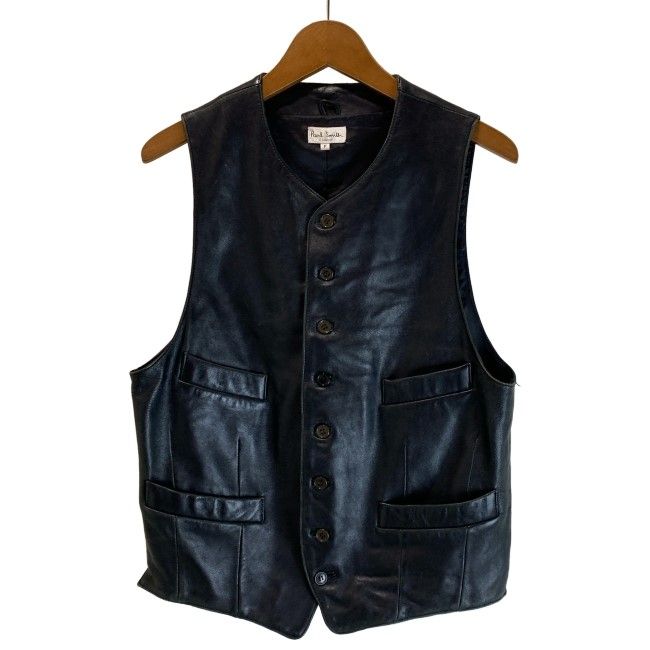 【中古】　Paul Smith　レザーベスト　レイヤード　Vネック　フルボタン　無地　フロントポケット　バックレースアップ　古着　/1585