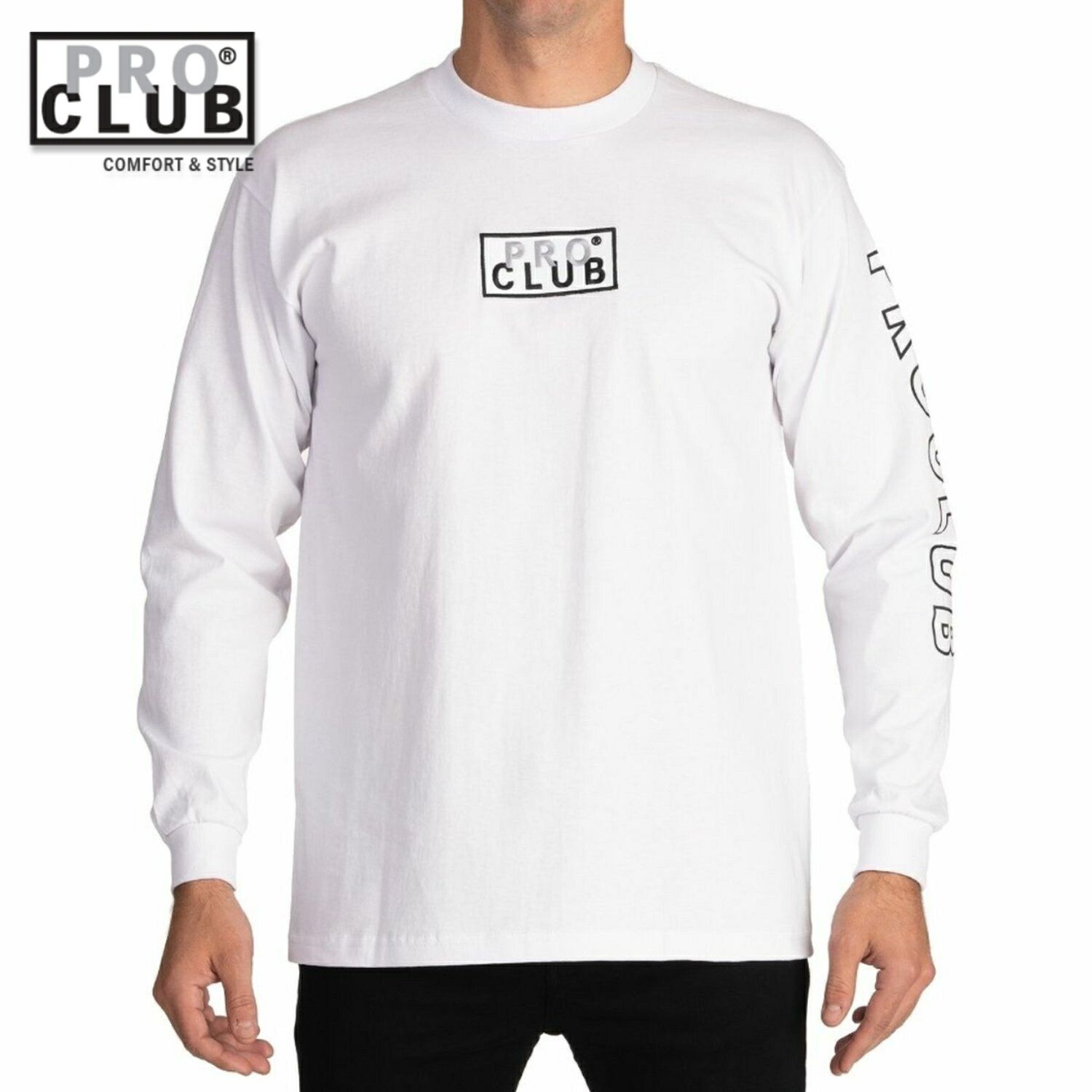 PRO CLUB EMBROIDERED BOX LOGO ヘビーウェイト ロンT ロングスリーブ ボックスロゴ ホワイト 白 長袖 LONG SLEEVE HEAVYWEIGHT T-SHIRT White プロクラブ
