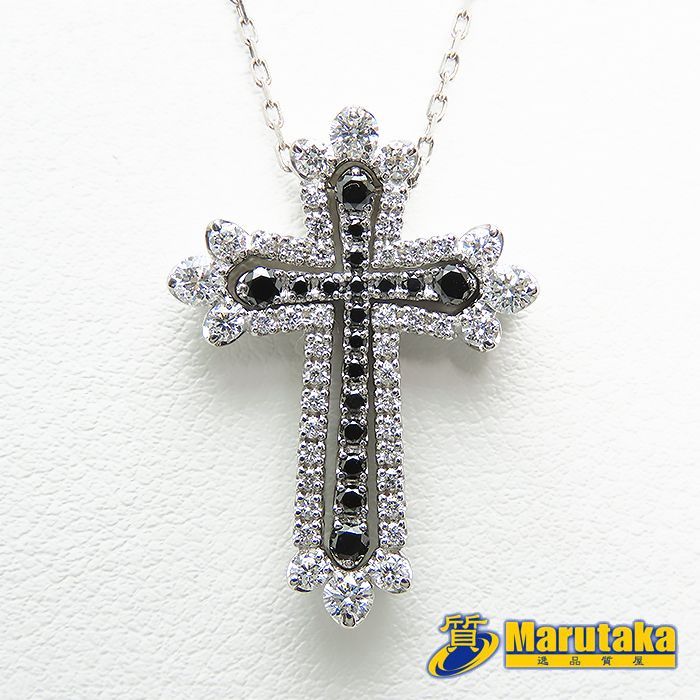 【 K18WG 十字架 クロスネックレス 】 18金 ホワイトゴールド D0.64ct ブラックダイヤ 0.25ct 約7.5ｇ 約44cm 鑑別書付 中古 26k168-4 送料無料 質屋出品 実店舗あります 宝石 アクセサリー ジュエリー プレゼント