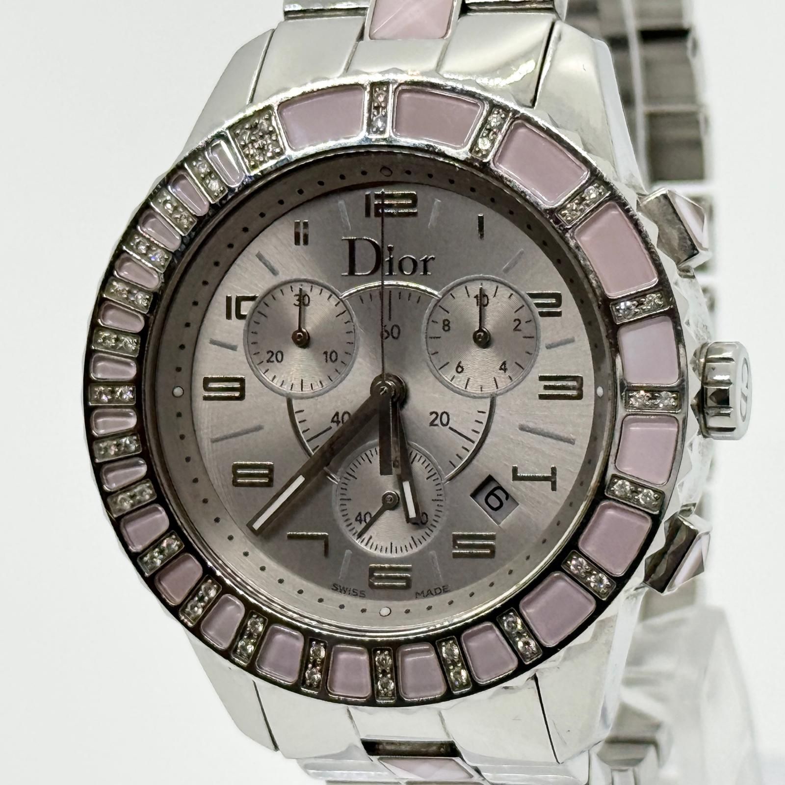 Christian Dior クリスチャンディオール クリスタル クロノグラフ CD114315 シルバー QZ レディース 腕時計 稼働品