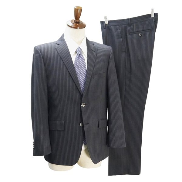 MEN'S BA-TSU SHINY FIT 2つボタン シングルスーツ AB5 M ダークグレー ストライプ ノータック 春秋冬 492201-504-11-45 6ND100 【送料無料】【中古】【メンズビジネス】202604