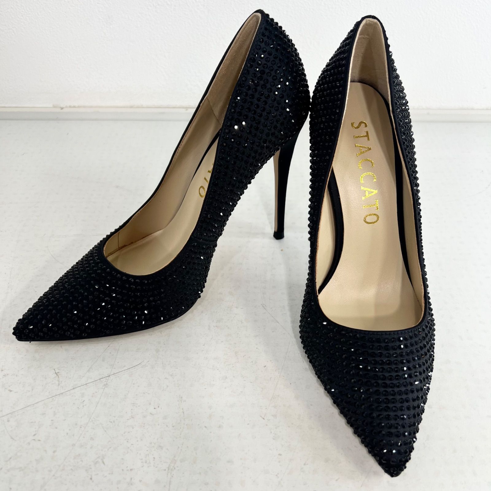 【新品未使用】STACCATO ブラック ストーン ハイヒール ピンヒール パンプス 22.5cm スタッカート