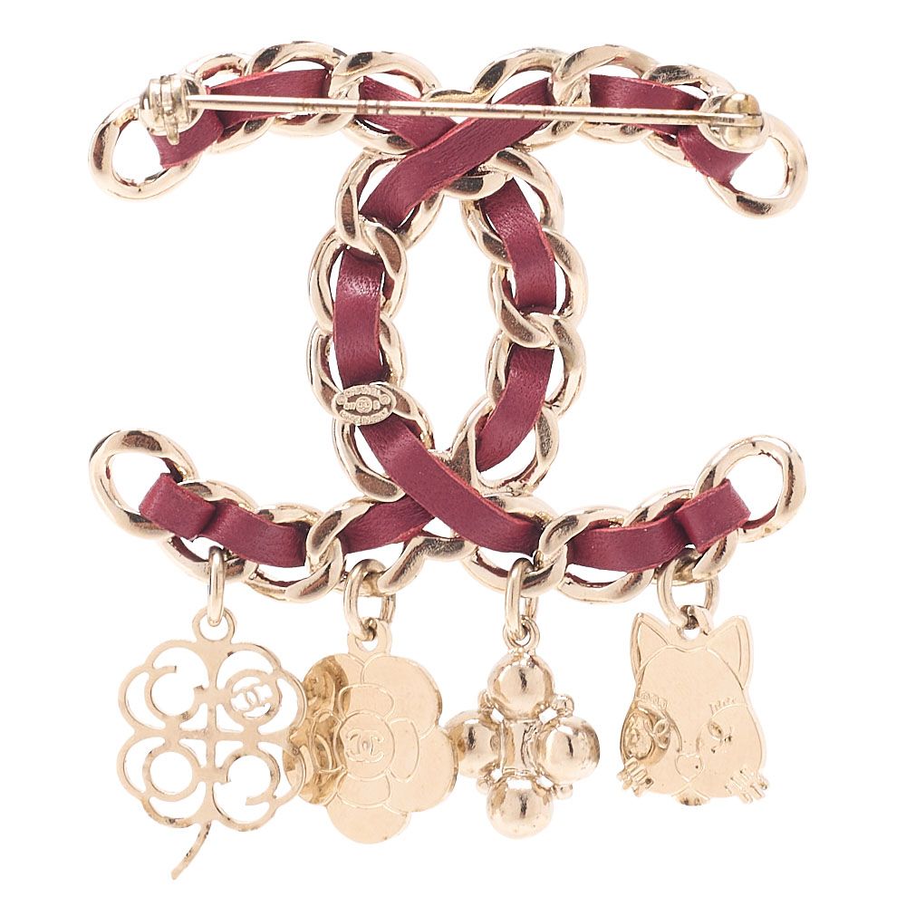 CHANEL シャネル　ココマーク　アイコン　B17B　ブローチ　GP×フェイクパール×革（ゴールドメッキ）赤（ゴールド金具） レディースブローチ　ハイブランド【中古】【送料無料】