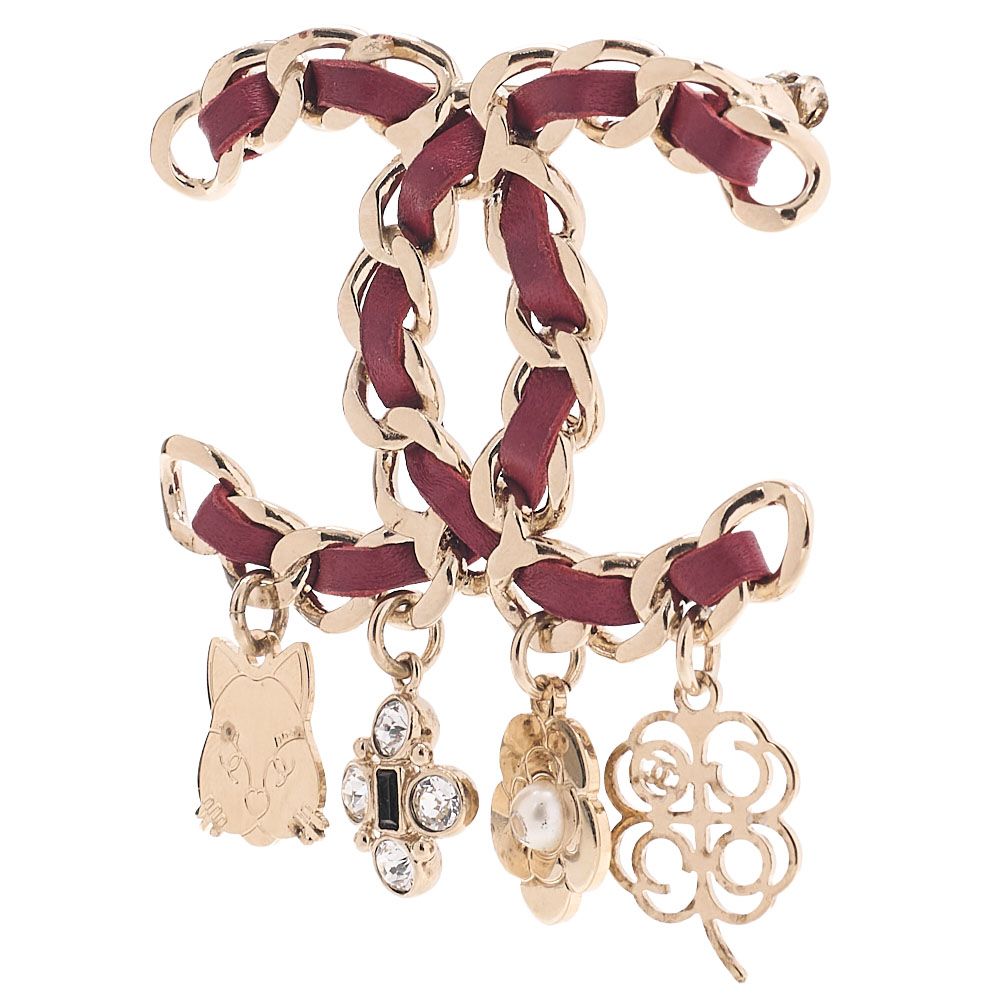 CHANEL シャネル　ココマーク　アイコン　B17B　ブローチ　GP×フェイクパール×革（ゴールドメッキ）赤（ゴールド金具） レディースブローチ　ハイブランド【中古】【送料無料】