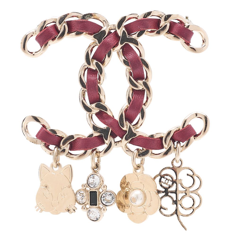 CHANEL シャネル　ココマーク　アイコン　B17B　ブローチ　GP×フェイクパール×革（ゴールドメッキ）赤（ゴールド金具） レディースブローチ　ハイブランド【中古】【送料無料】