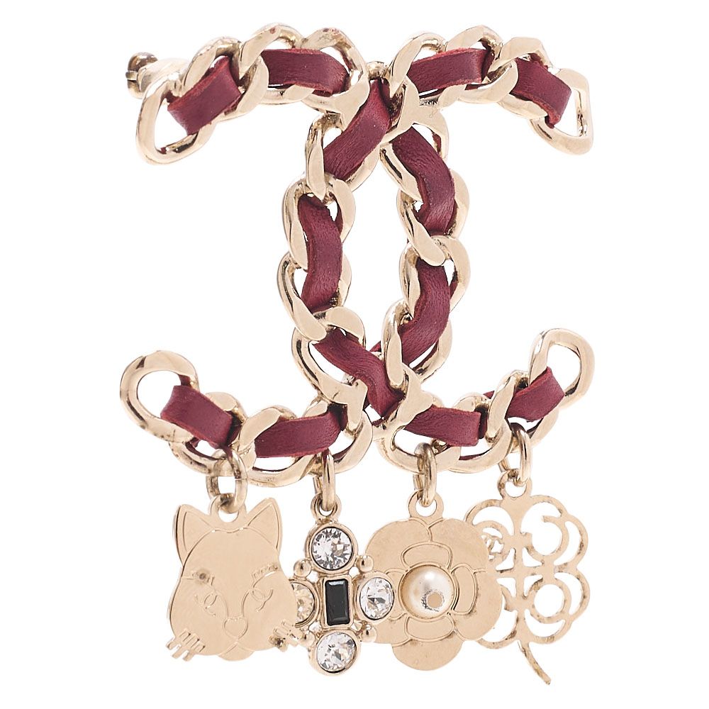 CHANEL シャネル　ココマーク　アイコン　B17B　ブローチ　GP×フェイクパール×革（ゴールドメッキ）赤（ゴールド金具） レディースブローチ　ハイブランド【中古】【送料無料】