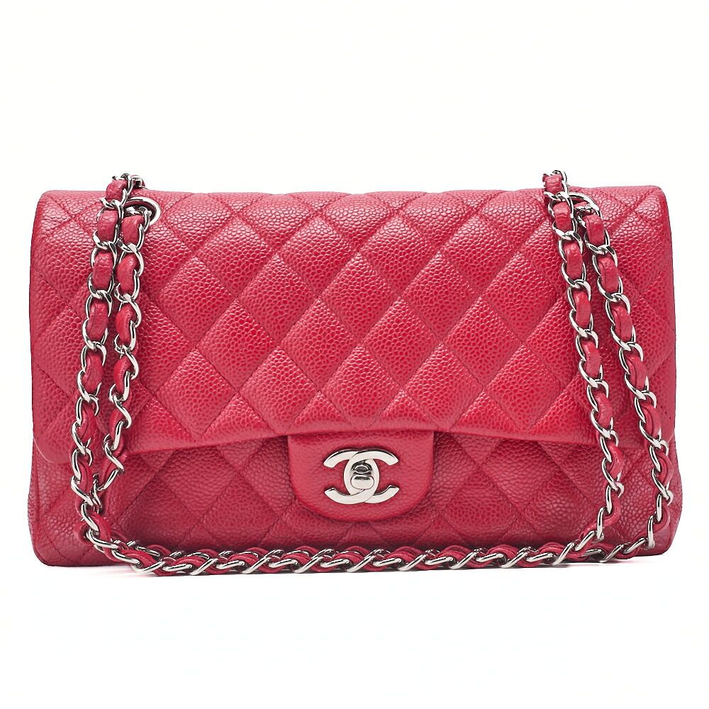 CHANEL　シャネル　キャビアスキン　マトラッセ　25cm　ダブルフラップ　チェーンショルダー　赤（シルバー金具）レディースバッグ　トートバッグ　ハイブランド 【中古】【送料無料】