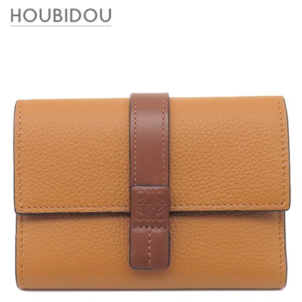 ロエベ LOEWE 三つ折り財布 バーティカル ウォレット スモール カーフ ソフトグレインカーフ ライトキャラメル×ピーカン シルバー金具 茶 アナグラム コンパクトウォレット 【箱】【中古】