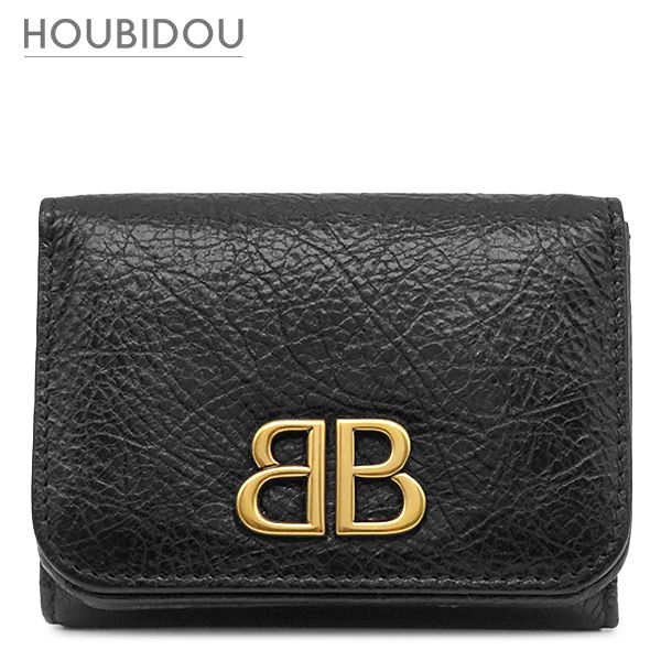 バレンシアガ BALENCIAGA 三つ折り財布 モナコ BBロゴ ミニ財布 ラムスキン ブラック ヴィンテージ金具 黒 MONACO コンパクトウォレット 765467 【箱】【中古】