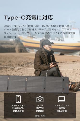 EcoFlow 60Wソーラーパネル Type-C コネクター N型ソーラーセル 単結晶シリコン 25%高変換効率 スマートフォン・カメラなどに直接充電 IP68防水防塵 折りたたみ式 持ち運びに便利 エコフロー 充電器 太陽光発電 コンパク 4e29fc50