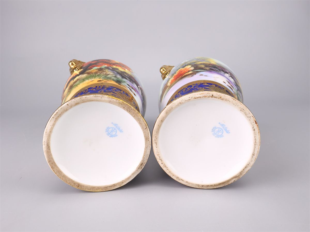 明治時代 Noritake 【オールドノリタケ】 瑠璃釉金彩山水紋 花瓶 2点 一対 高24㎝／本物保証 美品！CQ139