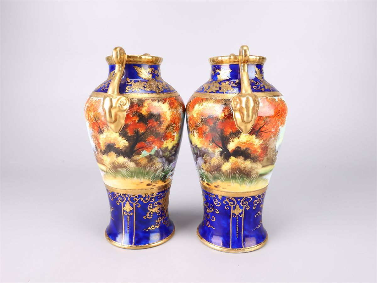 1940  ノリタケ/スタジオコレクション瑠璃金彩 花瓶 明治時代 Noritake 【オールドノリタケ】 瑠璃釉金彩山水紋 花瓶 2点