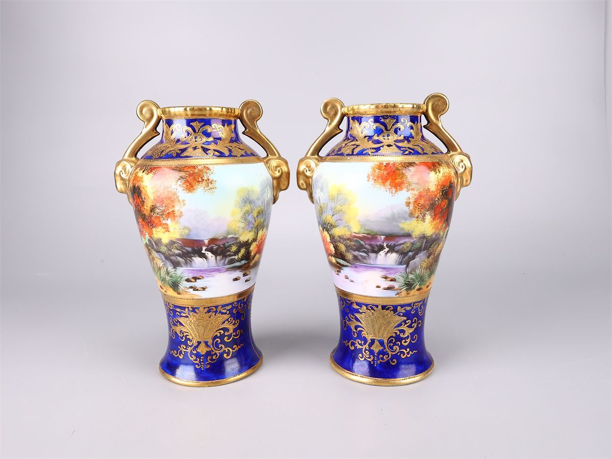 明治時代 Noritake 【オールドノリタケ】 瑠璃釉金彩山水紋 花瓶 2点