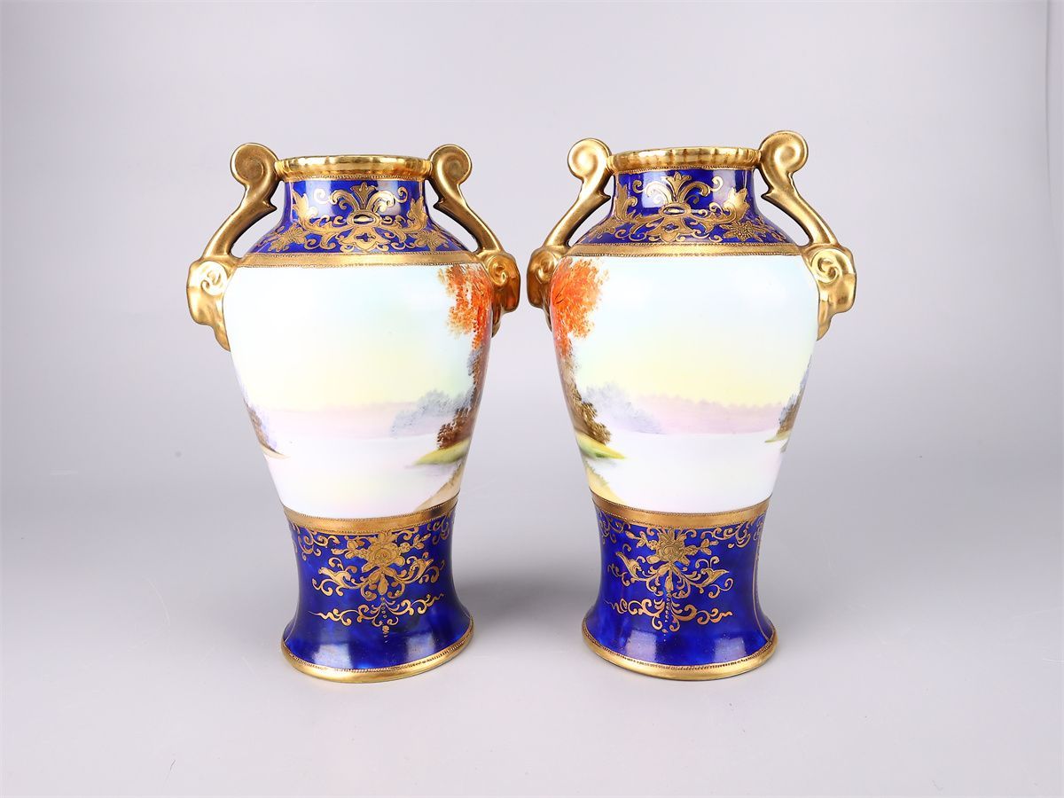 明治時代 Noritake 【オールドノリタケ】 瑠璃釉金彩山水紋 花瓶 2点 一対 高24㎝／本物保証 美品！CQ139