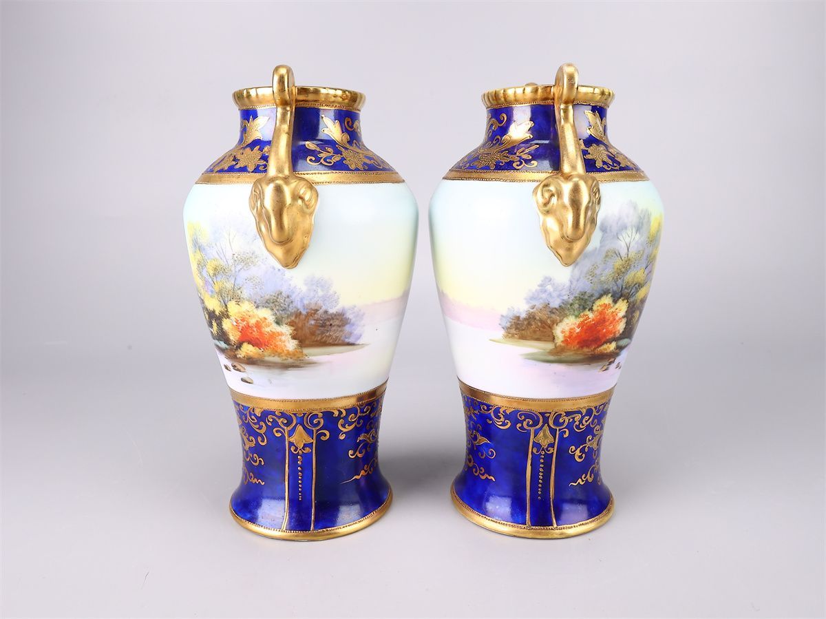 1940  ノリタケ/スタジオコレクション瑠璃金彩 花瓶 明治時代 Noritake 【オールドノリタケ】 瑠璃釉金彩山水紋 花瓶 2点