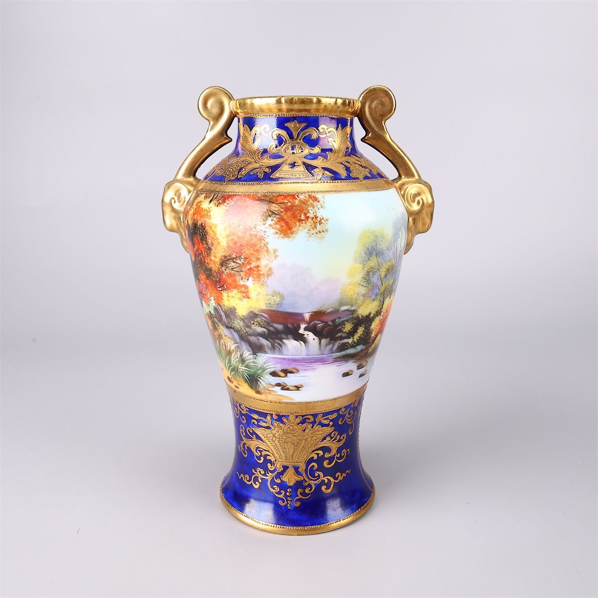 明治時代 Noritake 【オールドノリタケ】 瑠璃釉金彩山水紋 花瓶 2点